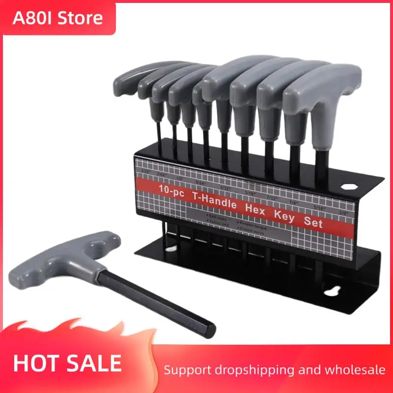 

A80I 10PCS Imperial Hex Key T-Handle Set 3/32"-3/8" T-Handle Allen Wrench Set With Storage Rack For Automotive Repair