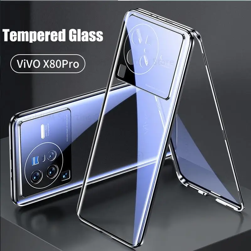 For vivo X80 Pro Magnetic Adsorption 9H Tempered Glass Phone Case For Vivo X70 X80 5G 360 Double-Sided Film Protector Flip Cover