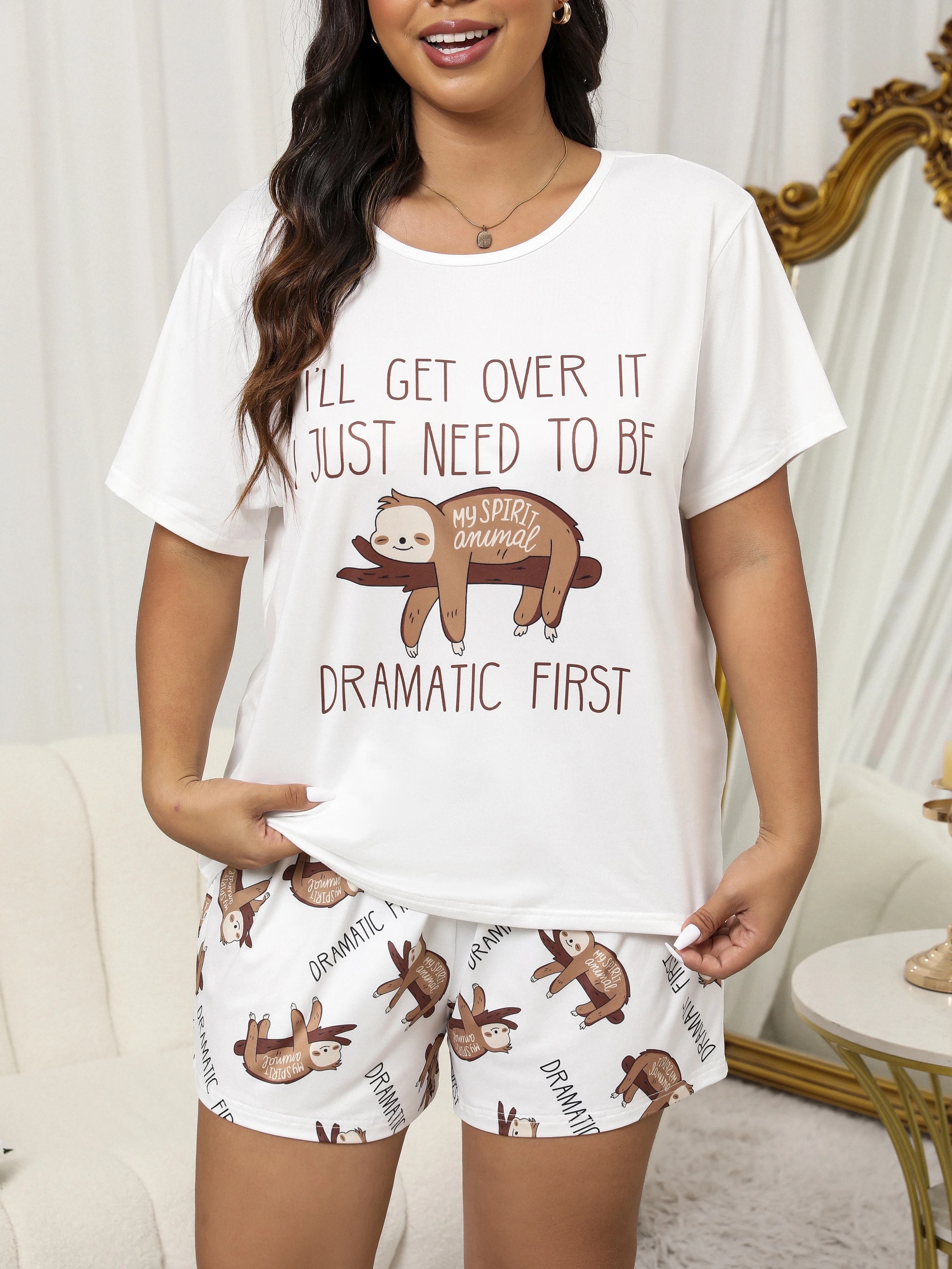 Women's Plus Size Short Sleeve T-Shirt and Shorts with Sloth Print 2pc Pajama Set Comfy Top&Shorts With Elastic Sleepwear
