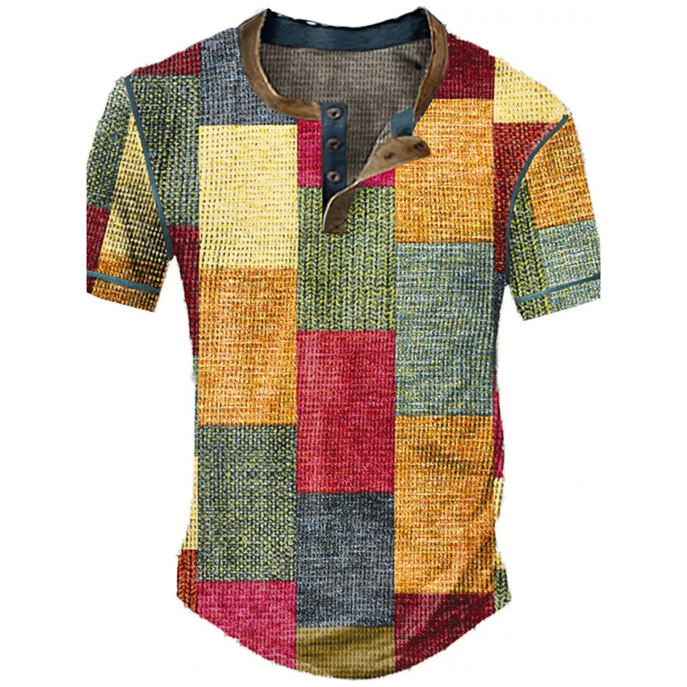 Color Block Patchwork Graphic 3D Print Henley Shirts Men\'s Vintage Fashion Oversized Short Sleeve T Shirt Man Tees Tops Clothing