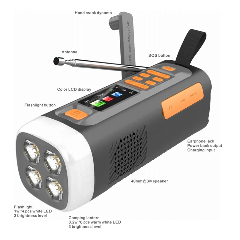 

AT93-4500Mah Emergency FM/DAB Bluetooth Radio With USB/Solar Hand Crank Dynamo–3-Way Power Supply For Outdoor Camping
