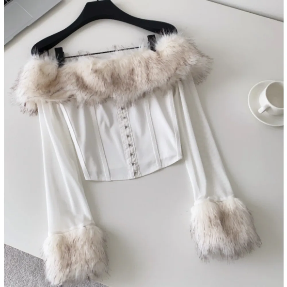 

Vintage slash neck Spliced long sleeve Blouse Slim Elegant Korean Fashion Top Sexy autumn Women Shirt