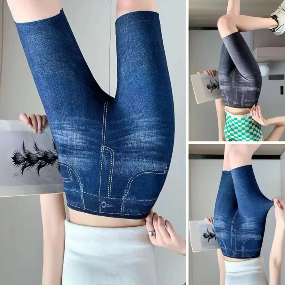 Women Shorts Fiber Shorts Denim Safety Shorts High Waisted Stretchy Fake Jean Breathable Elastic Skinny for Cycling Running
