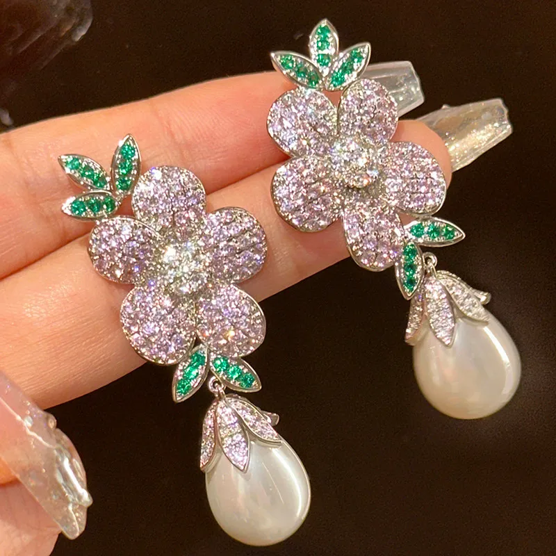 new-long-zircon-flower-light-luxury-fringed-earrings