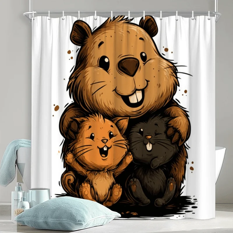 1pc Humorous Cartoon Raccoon and Kitten Shower Curtain, Hook-Style, Durable, Rounded Shape, Exaggerated Big Front Teeth, Multipl