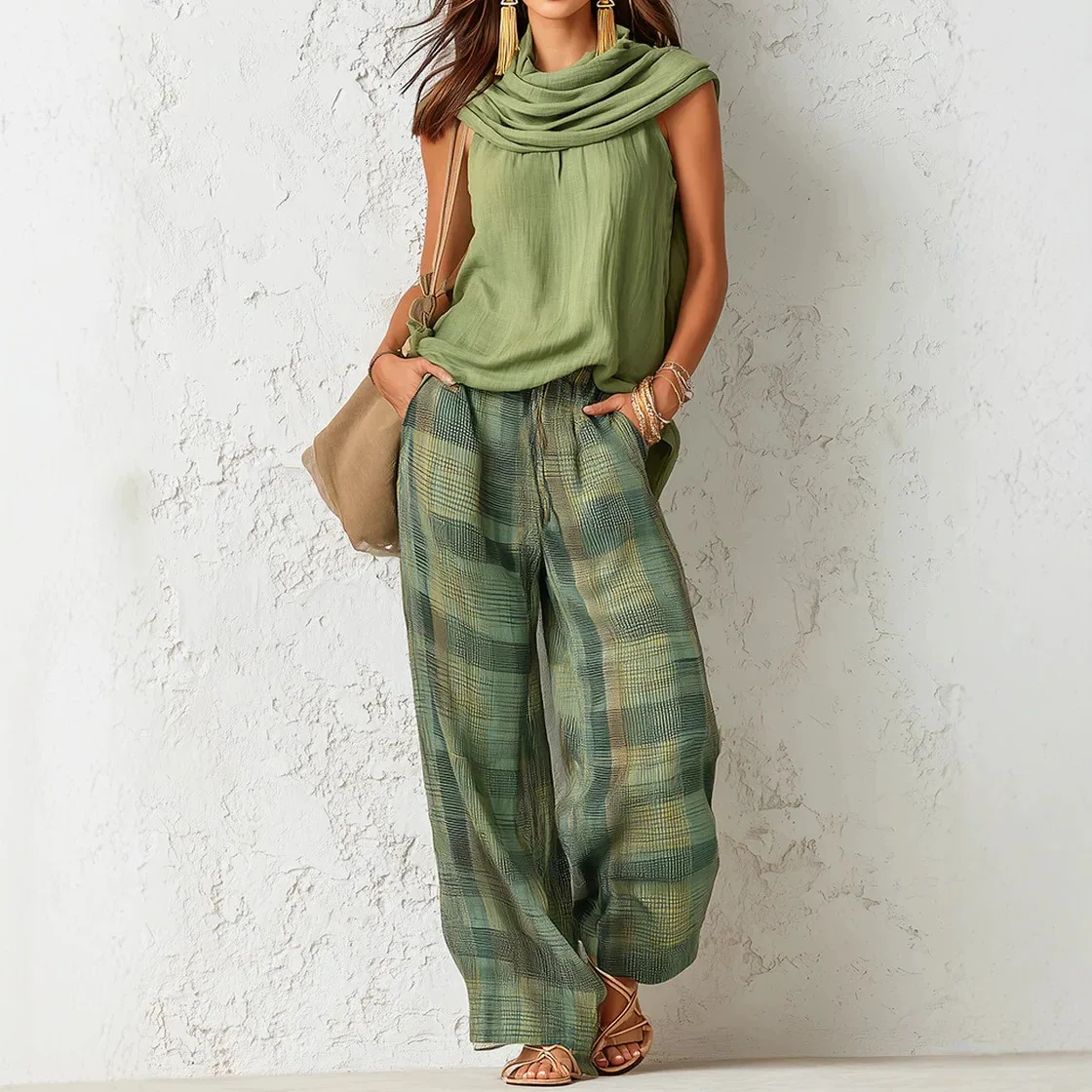 Conjunto de 2 Piezas de Pantalones y Chaleco de Lino y Algodón para Mujer, Trajes Combinados, Mono Informal de Verano