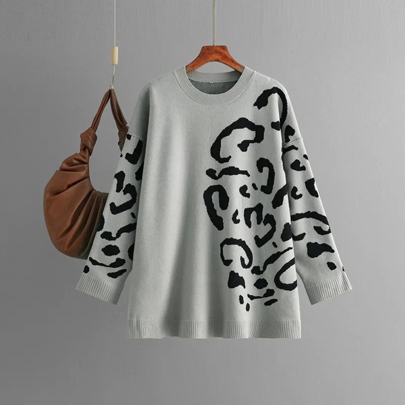 Fashion Knitted Jacquard Sweater Women Pullover 2024 Autumn Winter O Neck Pullover Leopard Print Long Sleeve Long Base Sweater