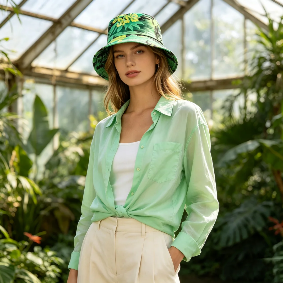 Hawaii tropical island palm flower printed bucket hat, suitable for both men and women, a fishing hat with ocean wave pattern, f