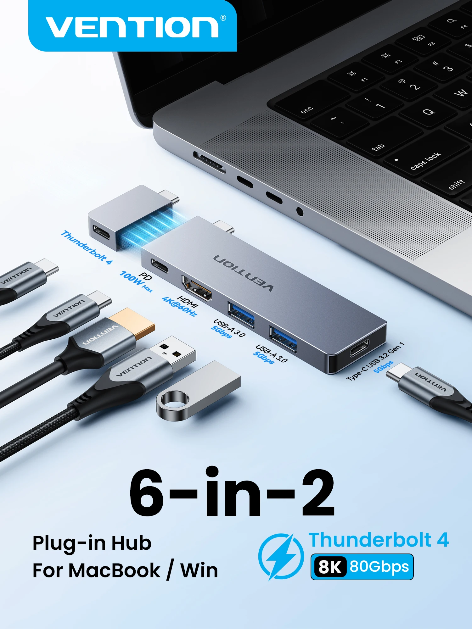 Vention USB C Hub 6 w 2 Thunderbolt 4 80Gbps 8K Stacja Dokująca do MacBook Pro Air USB 3.0 HUB HDMI 4K60Hz do Laptopa z Systemem Windows — zdjęcie produktu 7
