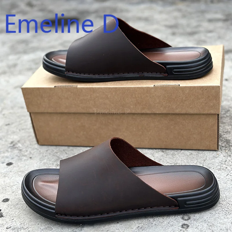 

Cold Slippers for Men In Summer Fashionable Simple Breathable Versatile Soft Soled Leather Thick Soled Outdoor One-Piece Sandals