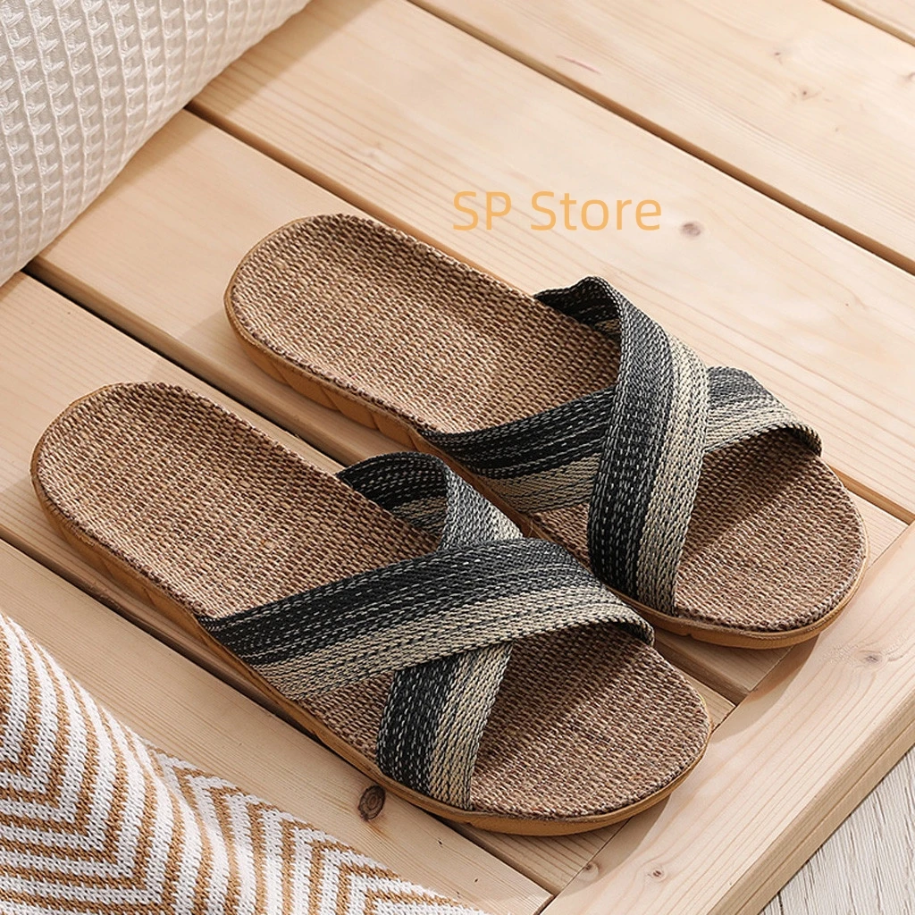 Men'S Fashion Casual Slip On Cane Slides Indoor Home Slippers Beach Shoes Women'S Slippers Linen Design Slippers