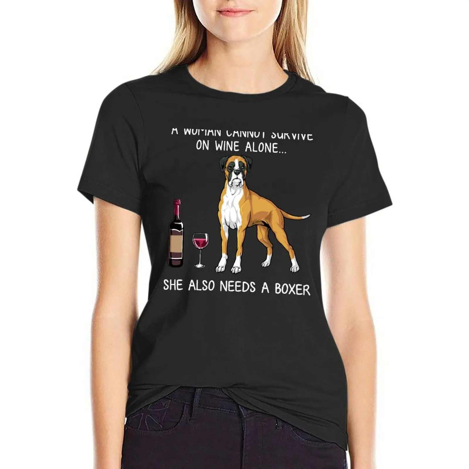 Boxer and wine Funny Dog T-Shirt female tops animal print shirt for girls rock and roll t shirts for Women