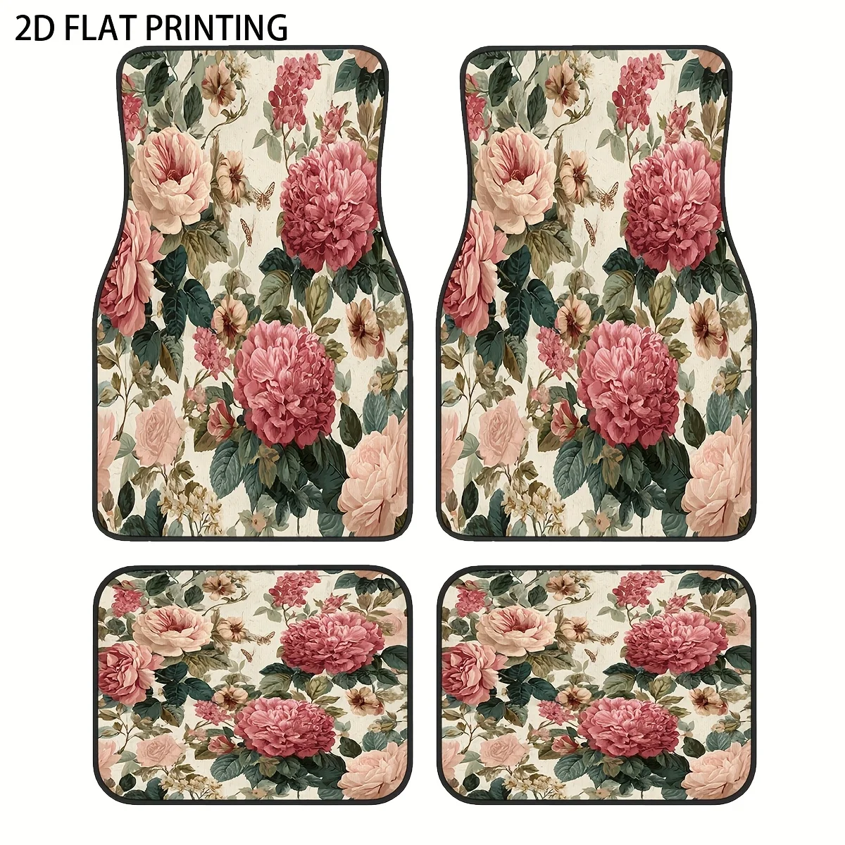 

4pcs Light Pink Floral Romantic Soft Pattern Printed Car Floor Mats, Made Of Universal Polyester Material, Suitable For All Seas