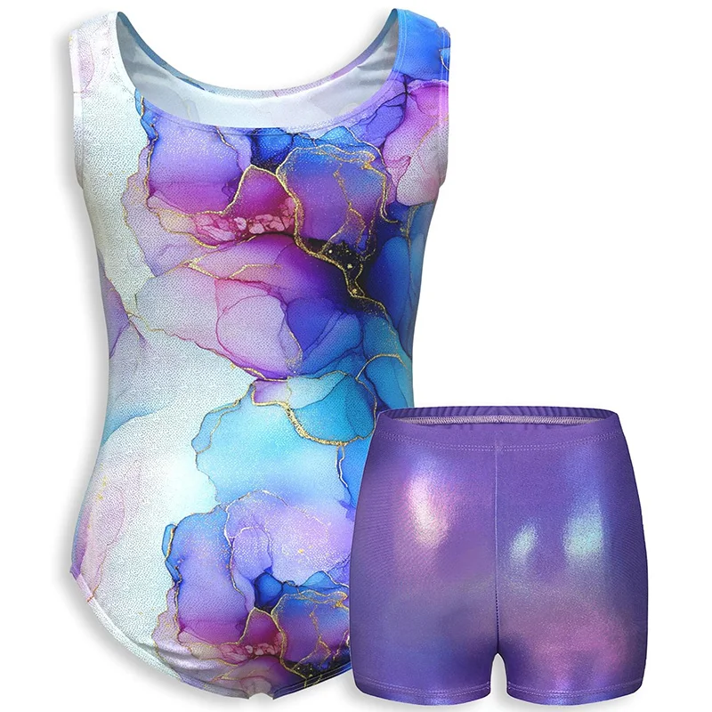 الفتيات 4 قطعة قميص قصير بلا أكمام الباليه الرقص ثياب لفتاة الجمباز الرقص تراجع وتتسابق مع مطابقة السراويل العصابات الشعر #2