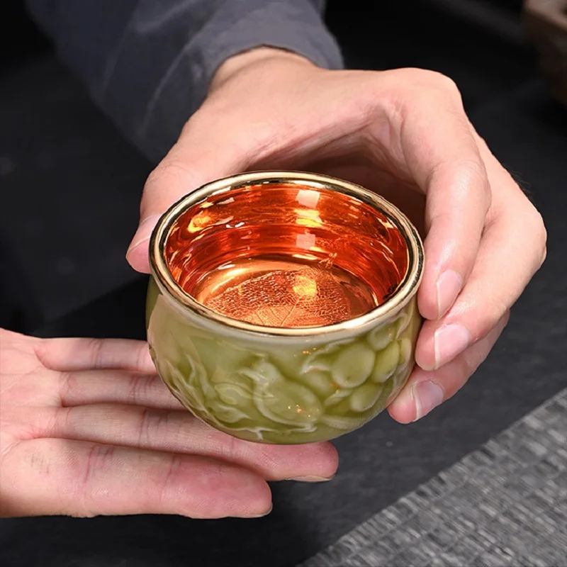 |Light luxury celadon gold gilding, bodhi embossment master tea tea cup lamp bowl of high-grade ceramic kung fu tea set