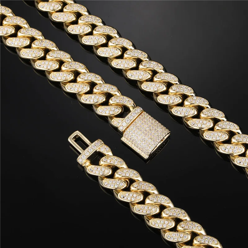 D&Z 12mm Prong Cuban Link Chain 2 Rows Iced Out Cubic Zirconia Stones Box Buckle Brass Material Hip Hop Jewelry Gift For Man