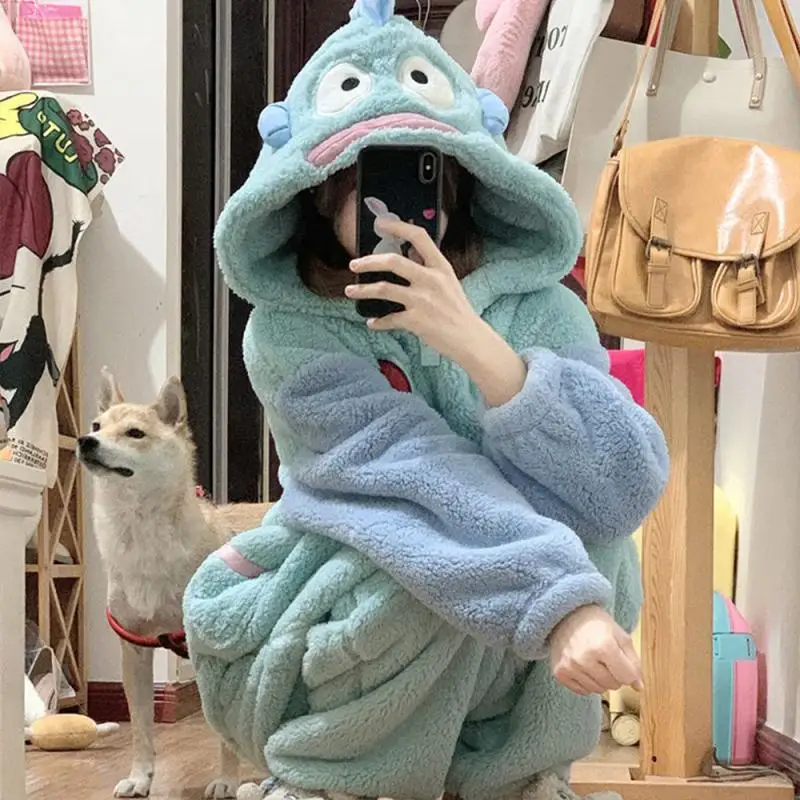 Cartoon Hangyodon Plush Siamese Pajamas Kawaii Hooded Jumpsuit Pajamas Sanrioed Anime Coral Velvet Homewear Thickened Nightgown