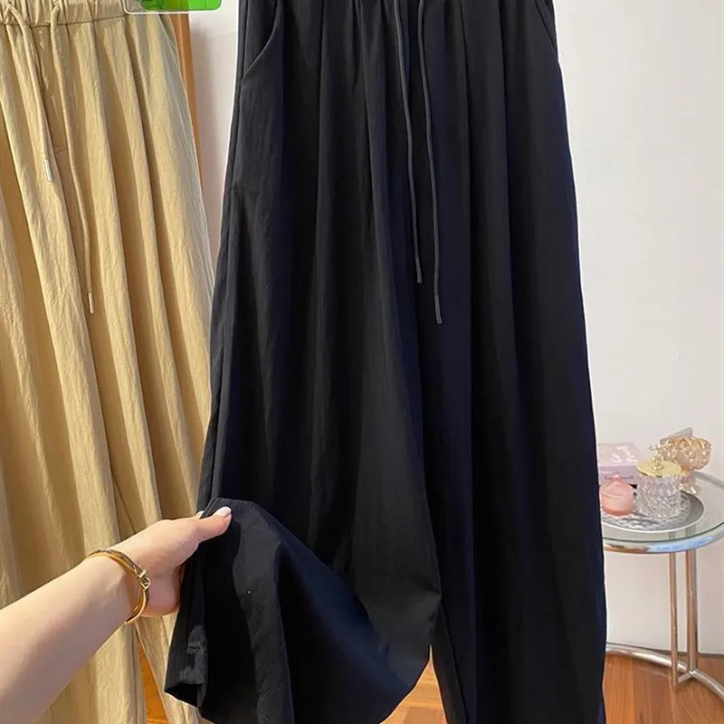 

Свободные прямые повседневные брюки с эластичным поясом и шнурком, тонкие летние мужские брюки в корейском стиле, широкие брюки в уличном стиле