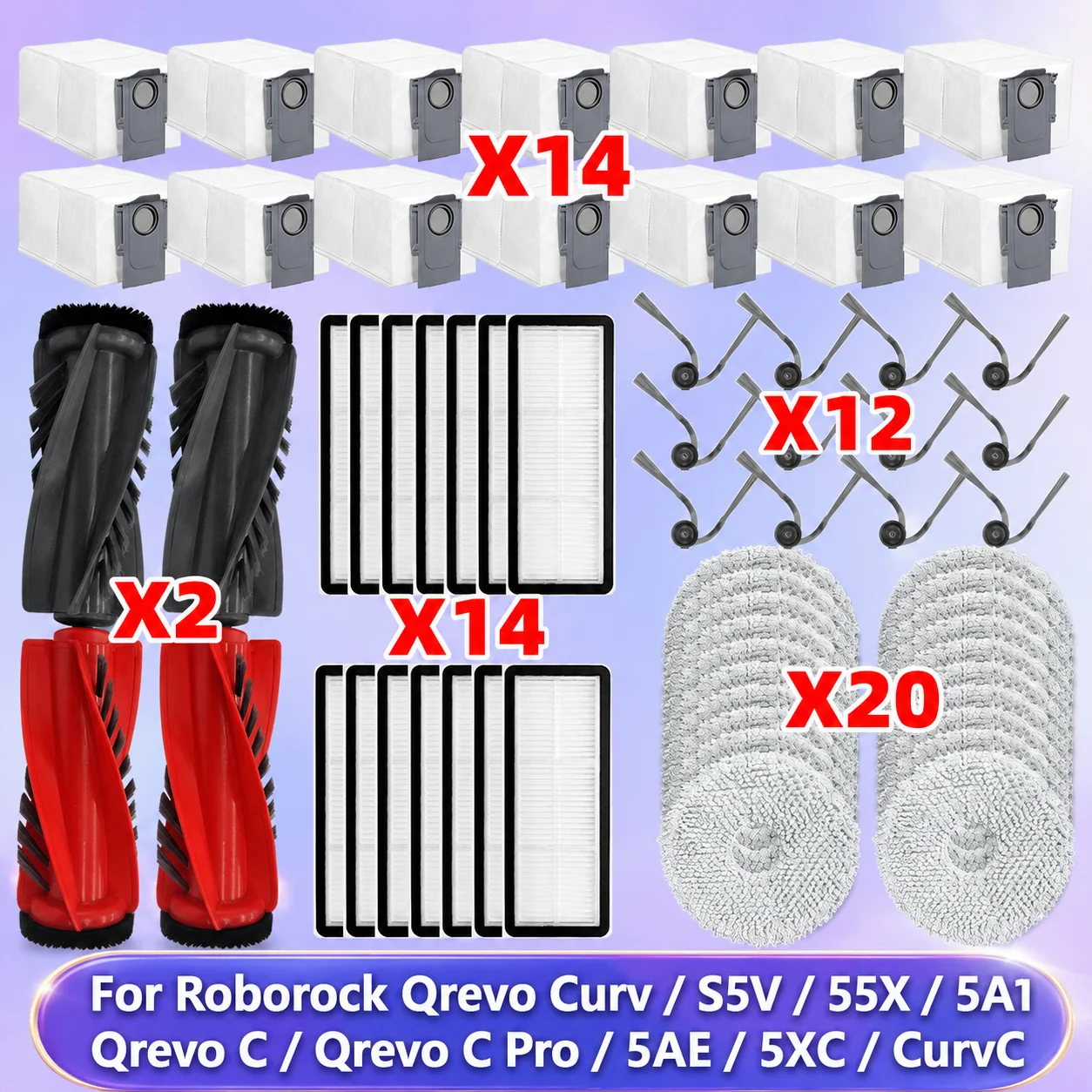Compatível com Roborock (Qrevo Curv / P20 Pro) Peças de Aspirador Rolo Principal Escova Lateral Filtro Hepa Pano de Esfregão Saco de Pó Acessórios