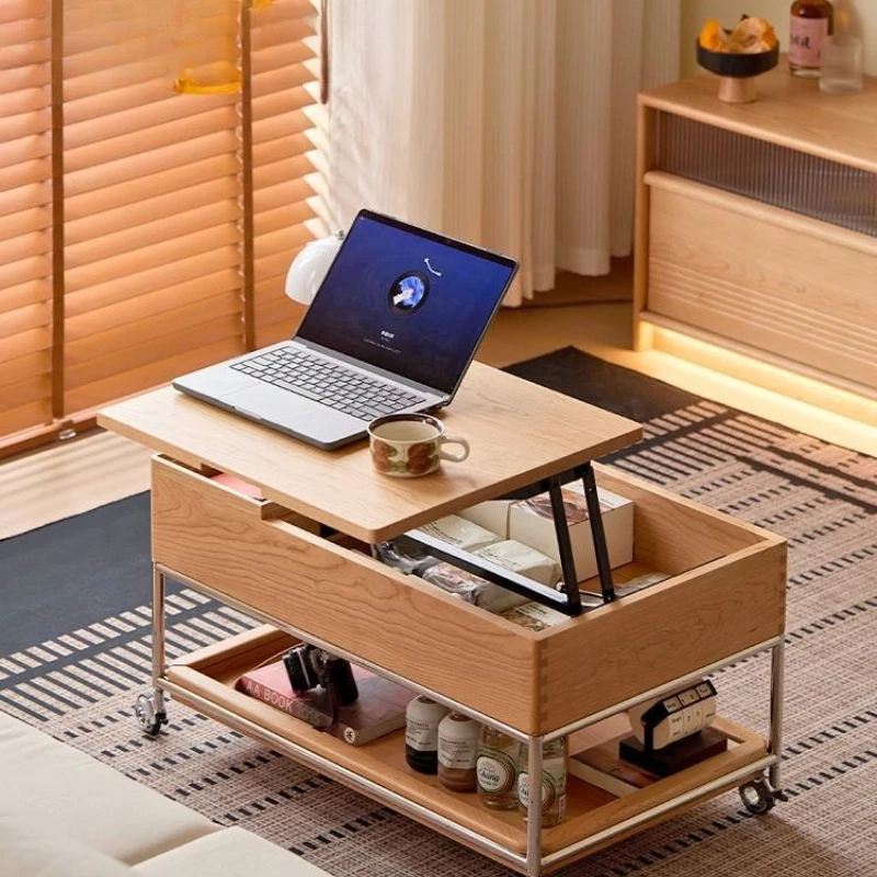 Solid wood lifting coffee table, trolley cherry wood living room sofa, movable side table, multi-functional folding storage