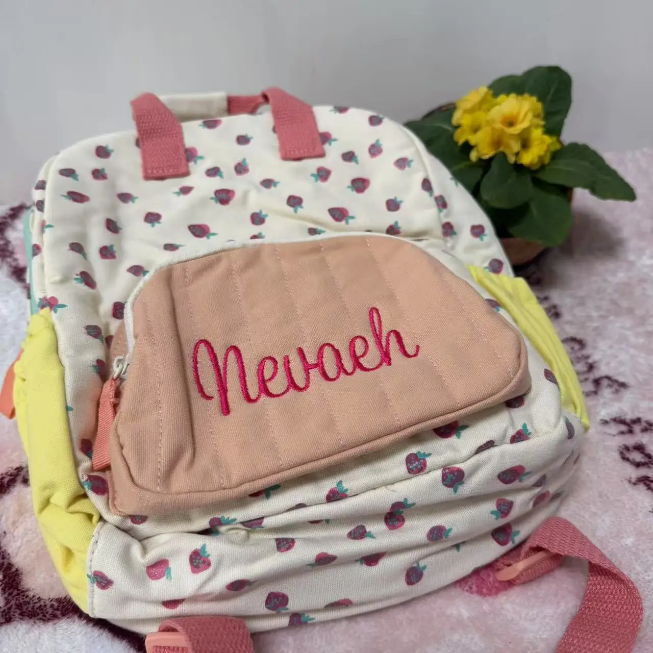 Popular Embroidered Strawberry Campus Bag, Personalized Custom Snack Bag for Girls Going Out, With Name/Cotton Canvas Backpack