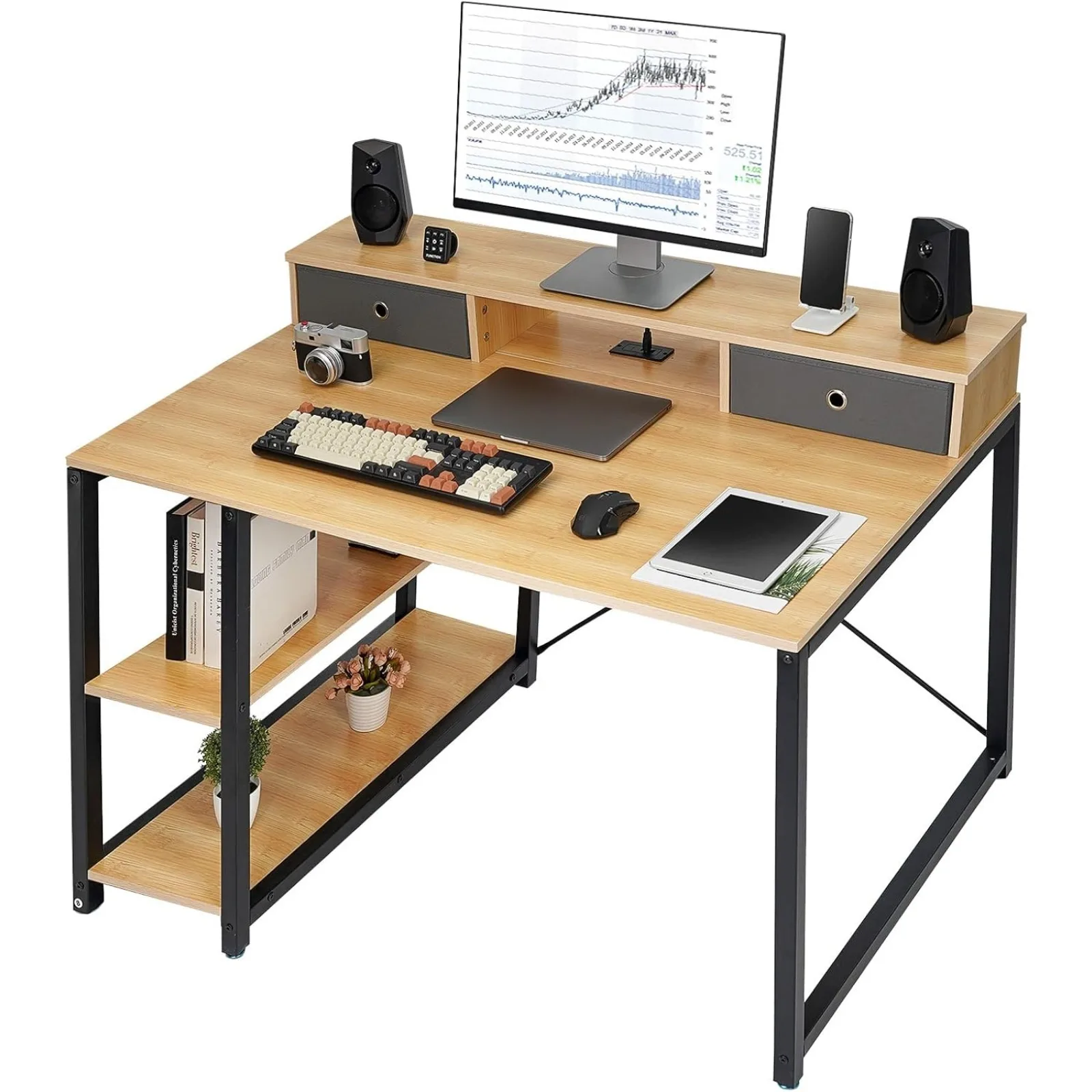 US 47”x 31.5” Computer Desk with Drawers, Monitor Stand, Storage Shelf, 3-Port Charging Station (BAMBOO)