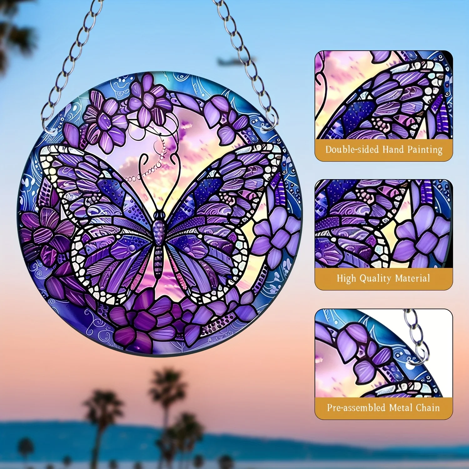 1pc Butterfly Suncatcher Stained Window Hanging Acrylic Round Wreath Sign Yard Garden Home Room Decoration