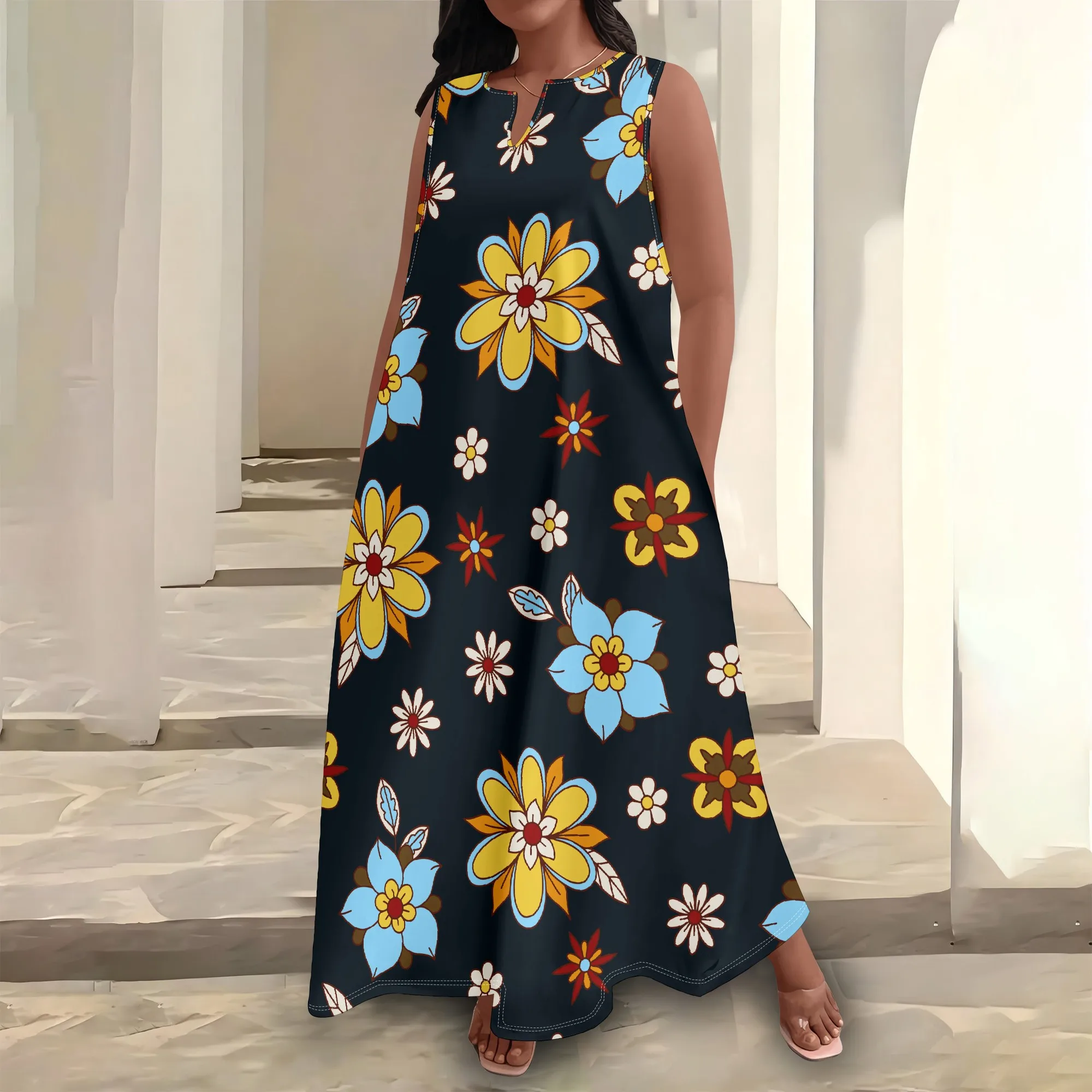 

Plus Size Women's Summerl Fashion Printed African Style Sleeveless Round V Neck Dress Loose And Casual Dress