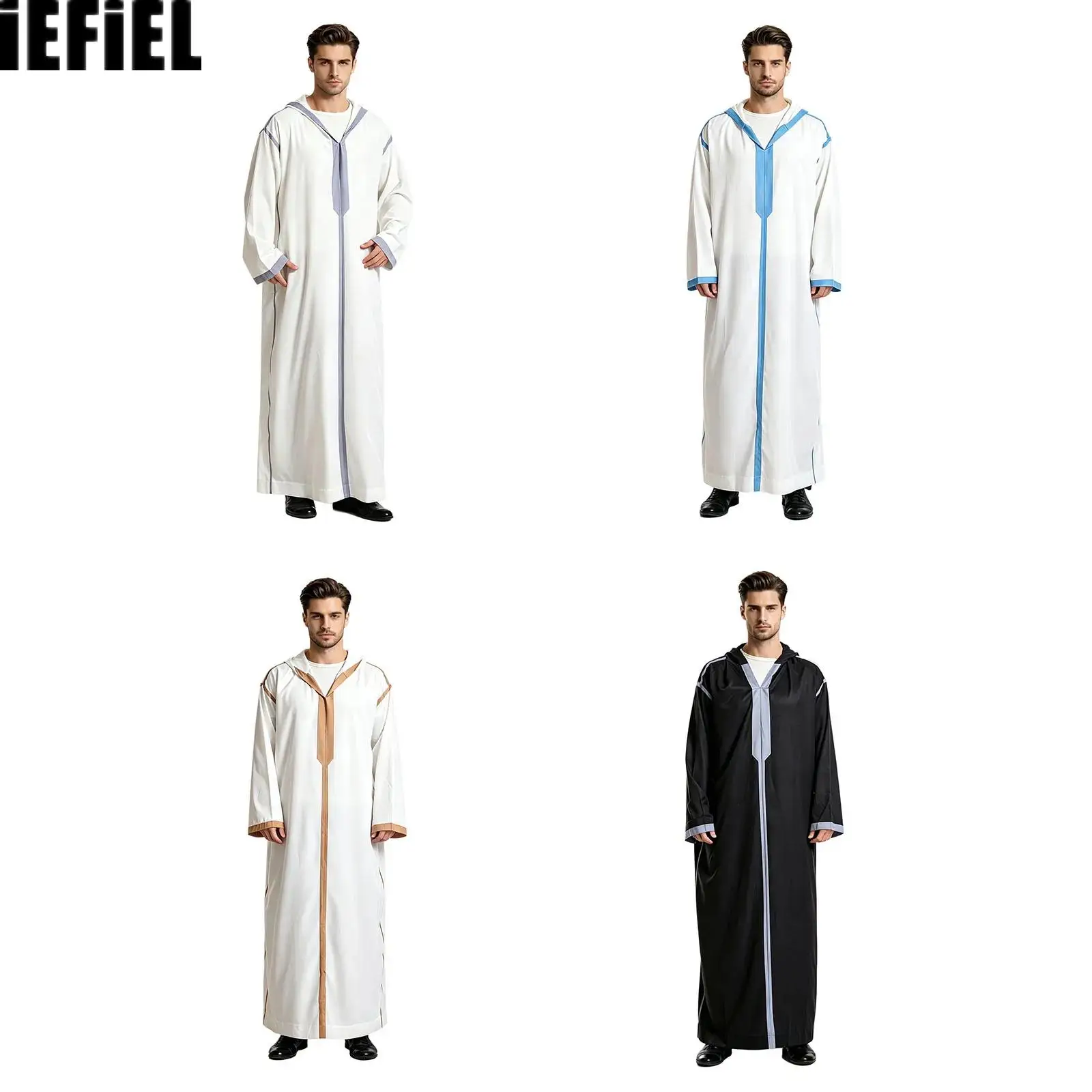 Men Contrasting Color Trim Hooded Robe Long Sleeve Kaftan Thobe Loose Gown with Pockets for Halloween Theme Party Casual Daily