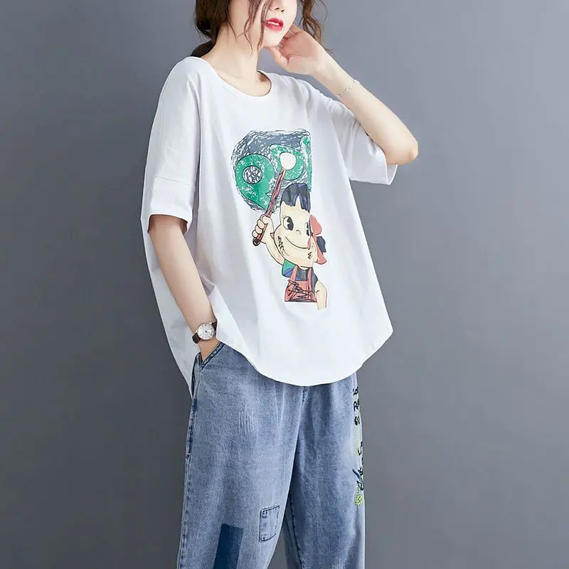 Cotton T-shirts for Women Summer Trend Thin Short Sleeve Top Fashion Cartoon Printed Tshirt Casual Loose Slimming  Versatile Top