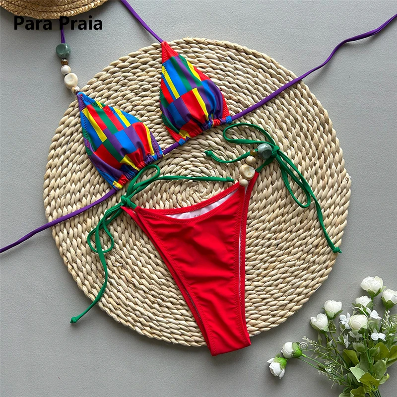 

Para Praia сексуальный комплект бикини с лямкой на шее и нерегулярными бусинами 2025 полосатый купальник женский бразильский купальник Biquini сексуальный купальный костюм
