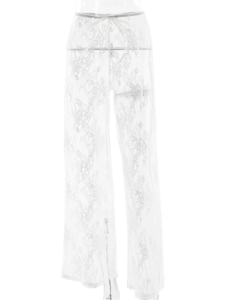 Oniflyme Sexy Lace See Through Wide Leg Pants Women Fashion Floral High Waist Loose Trousers Streetwear Vacation Party Bottoms