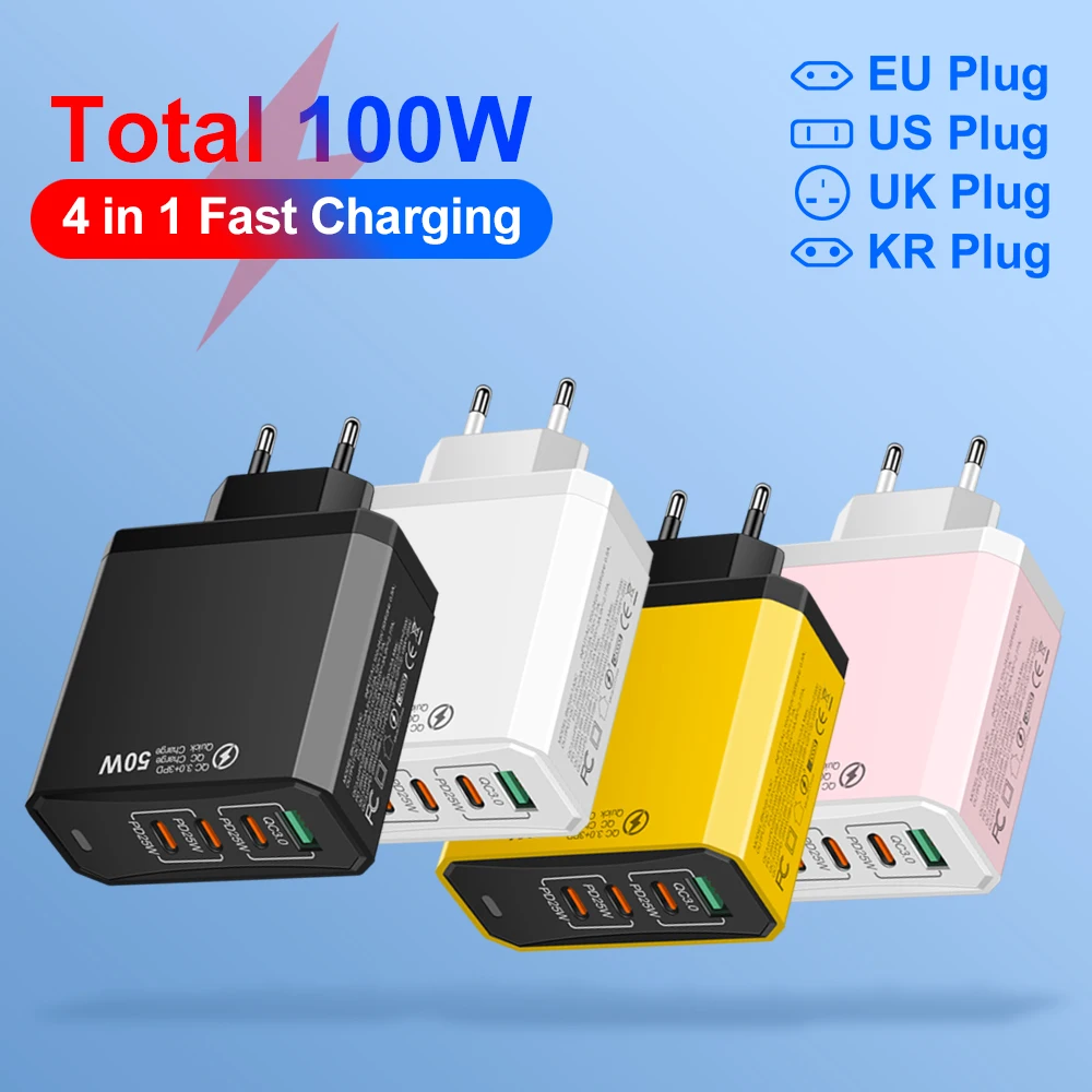 Pengisi daya Cepat Tipe C 4 port 100W pengisi daya USB Samsung Xiaomi untuk IPhone 14 15 Pro Huawei Pura 70