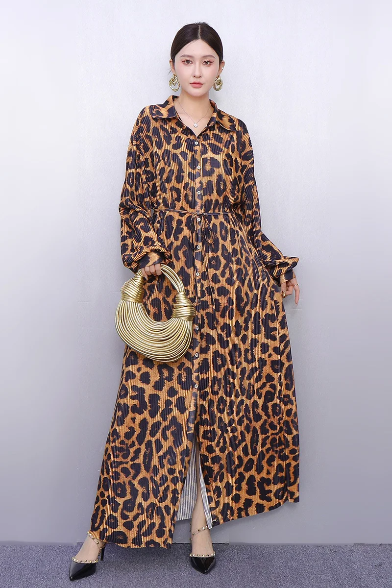 

2025 зимние элегантные женские повседневные свободные рубашки с леопардовым принтом в стиле ретро, длинные платья, женское платье с длинным рукавом, оптовая продажа J2104