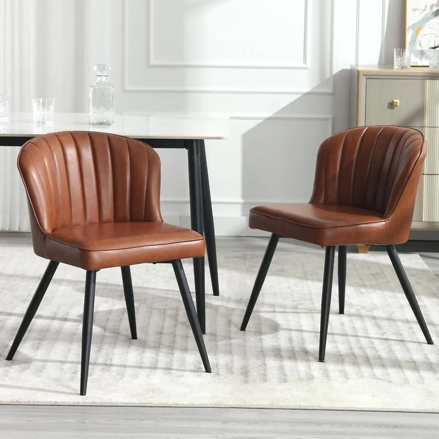 Brown Dining Chairs Set of 2 Leather Dining Room Chairs with Back Mid Century Modern Accent Chairs Armless Upholstered Side Chai