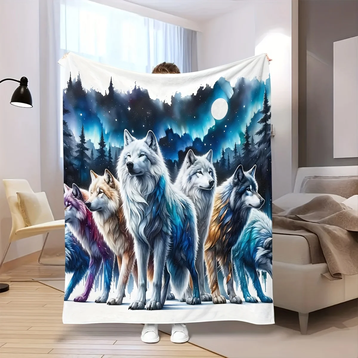 Wolf Pack Blanket Aurora Forest Night Sky Print Soft Flannel Fleece Throw Quilt Bedding Sofa Cover Warm Plush Blankets Home