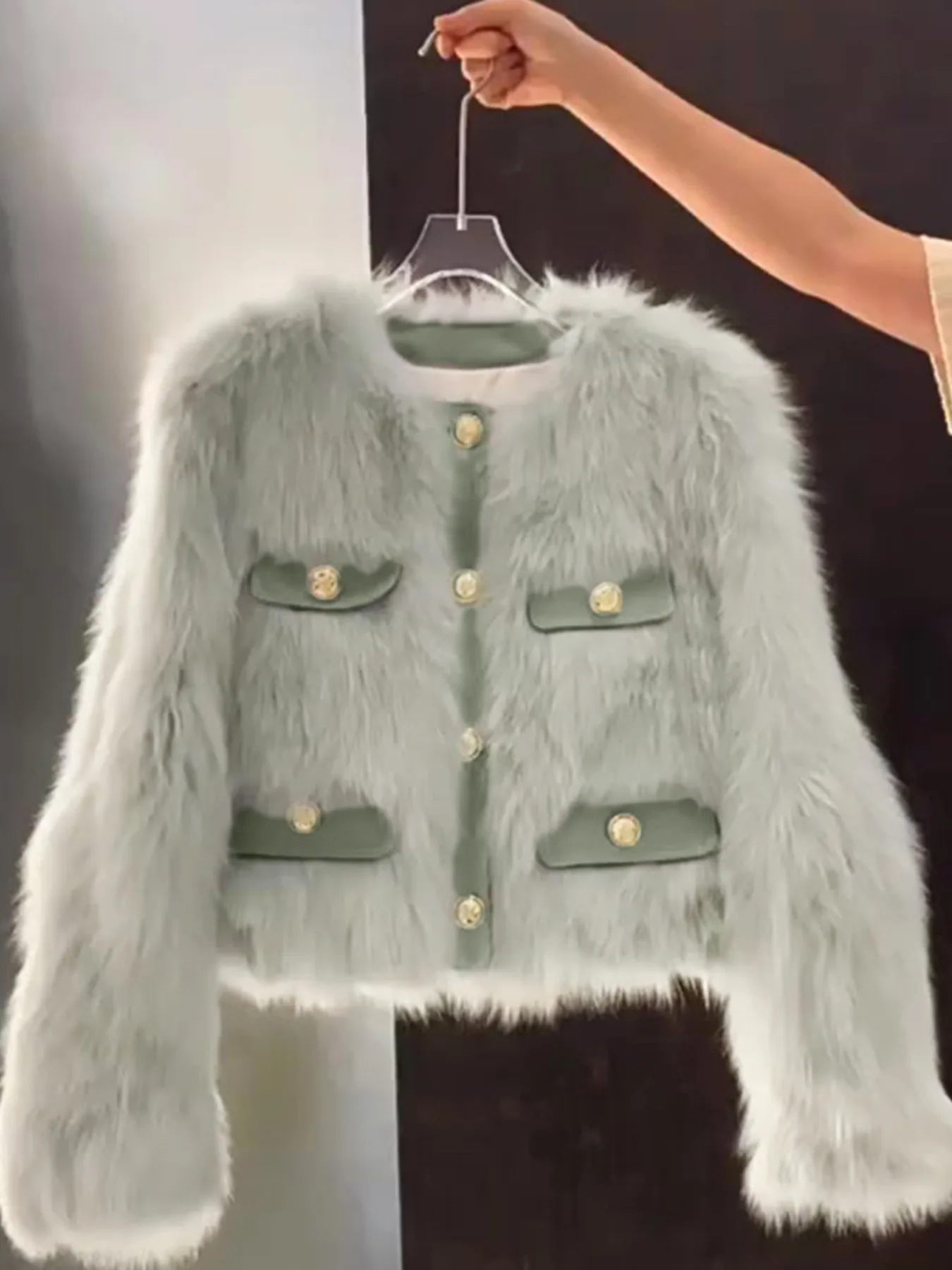 Faux Fur Khaki Coats Womens Lambswool Slim Evening Mother Down Panelled Extended Buttoned Split Pure Medium-Length Thermal Lined