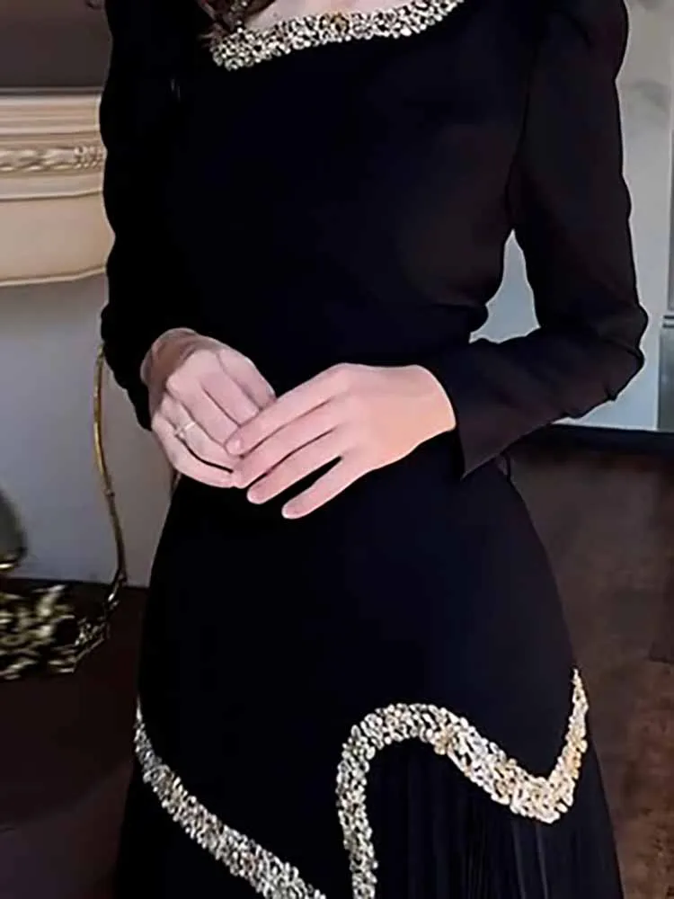 

Женское повседневное драпированное платье с длинными рукавами, элегантное однотонное длинное вечернее платье с высокой талией и блестками, банкетное платье с v-образным вырезом