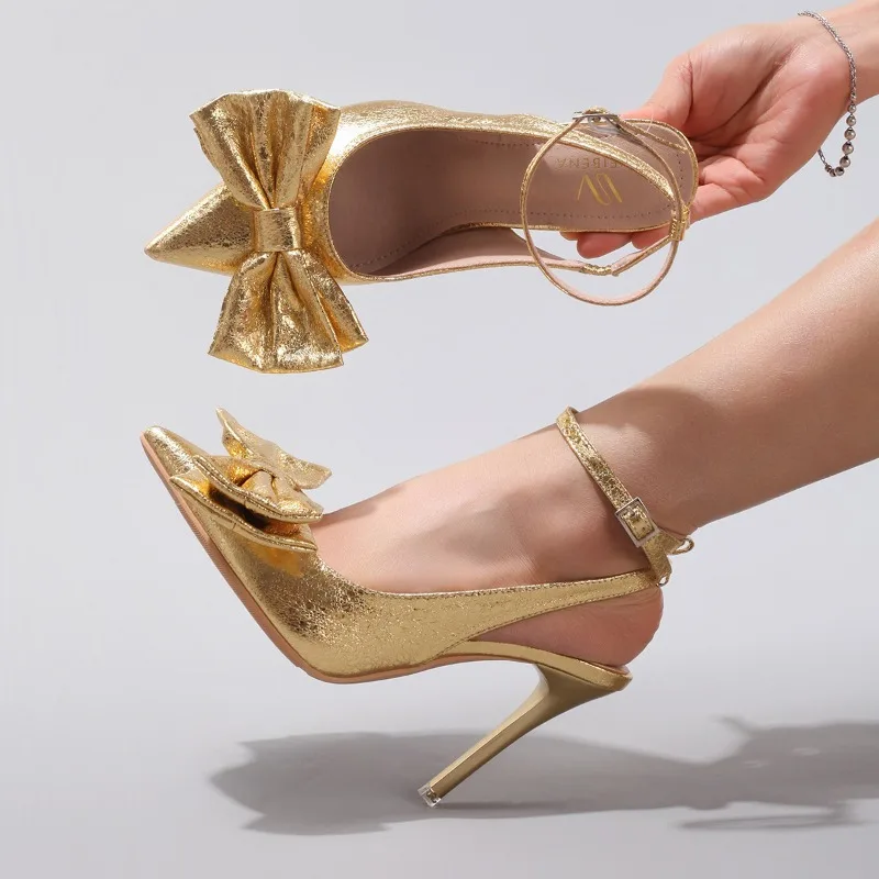 Elegant Bowknot Pointed Toe Pumps Women Slingbacks Sandals Shallow Designer Party Shoes Velvet Brand High Heels Women Mules view 2