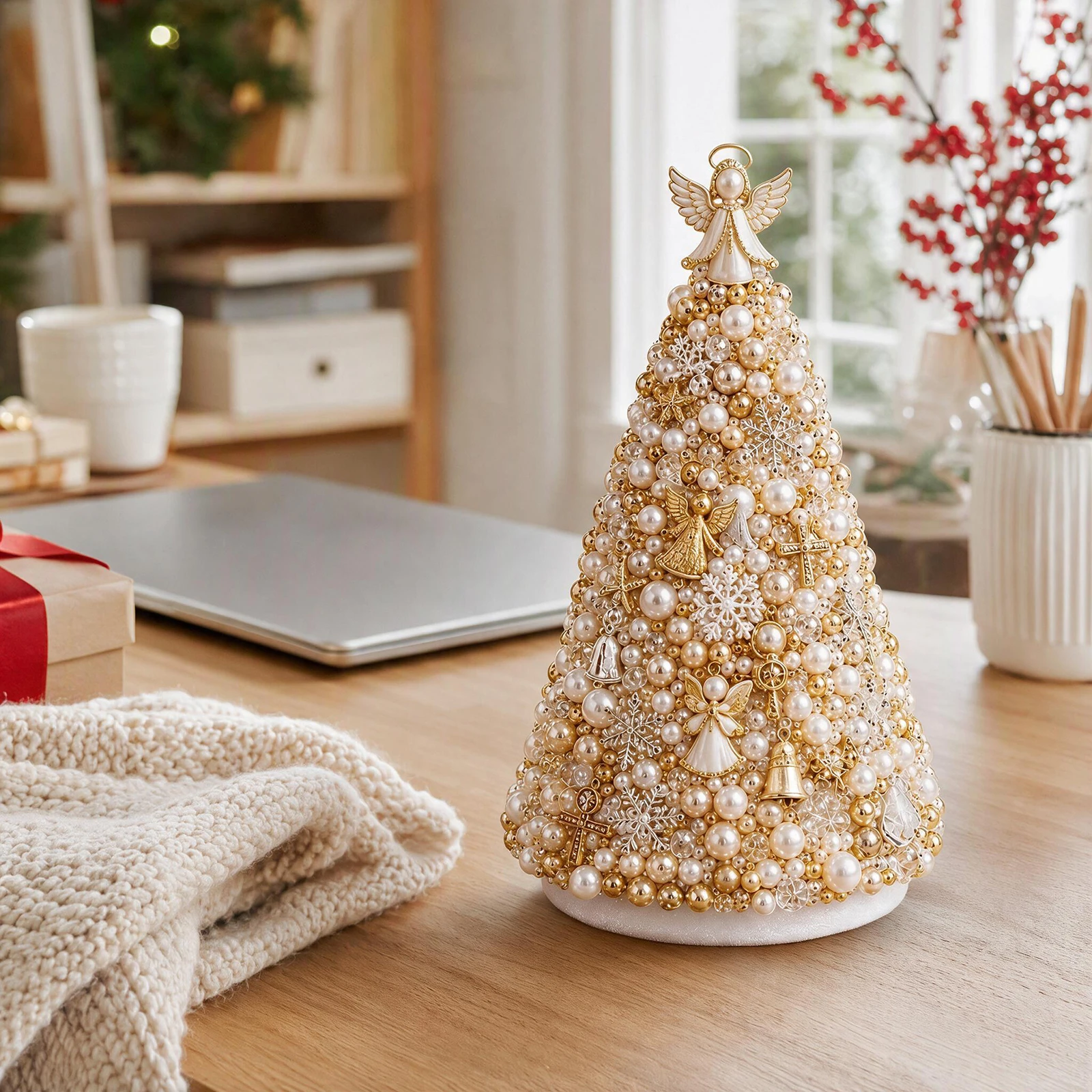 DIY Beaded Mini Christmas Tree Craft Kit Tabletop Decor Foam Cone Pins Beads Ornaments Holiday