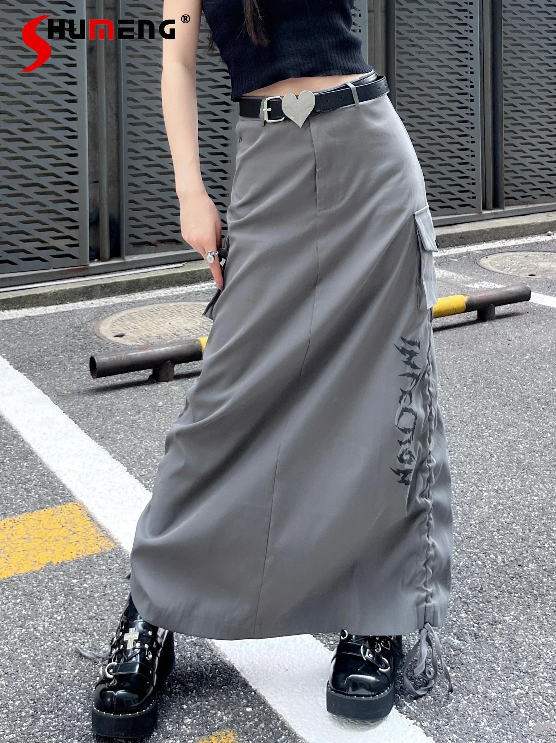 American Vintage Autumn Fashion Skirt Women High Waist Slim-Fit Drawstring Split Gothic Harajuku Long A-Line Skirs with Belt