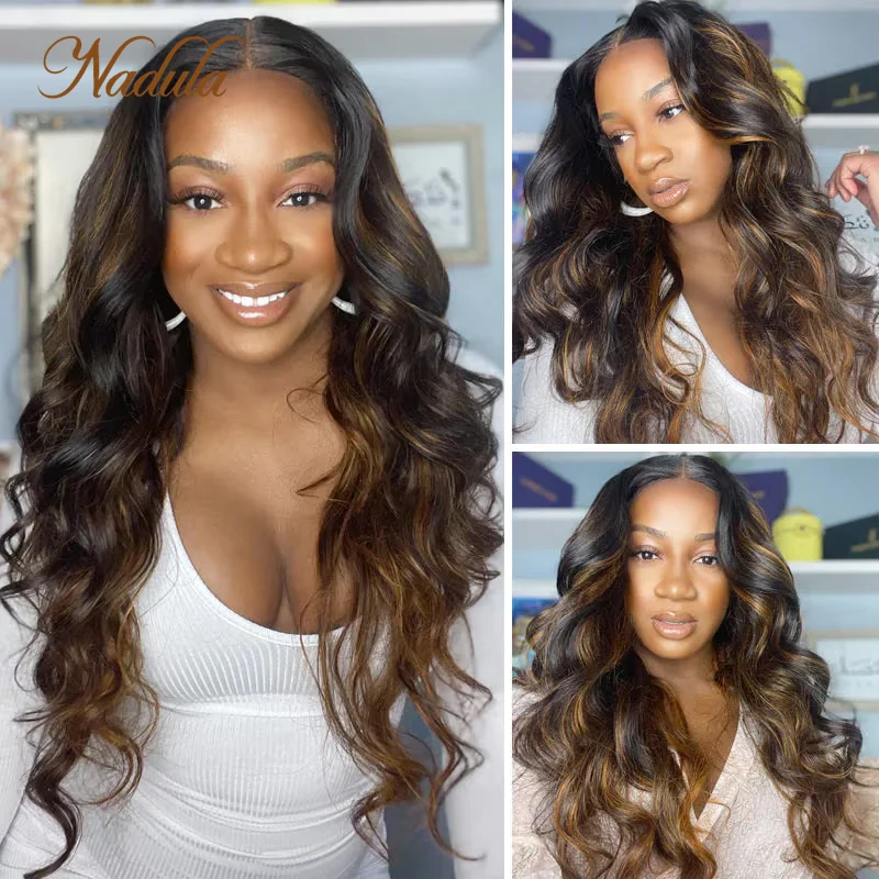 Nadula Hair 150% Body Wave Human Hair Wigs 13x4 Lace Frontal Wigs Pre-Plucked Balayage Highlight Wigs 13x1 T Part Wig Dark Brown