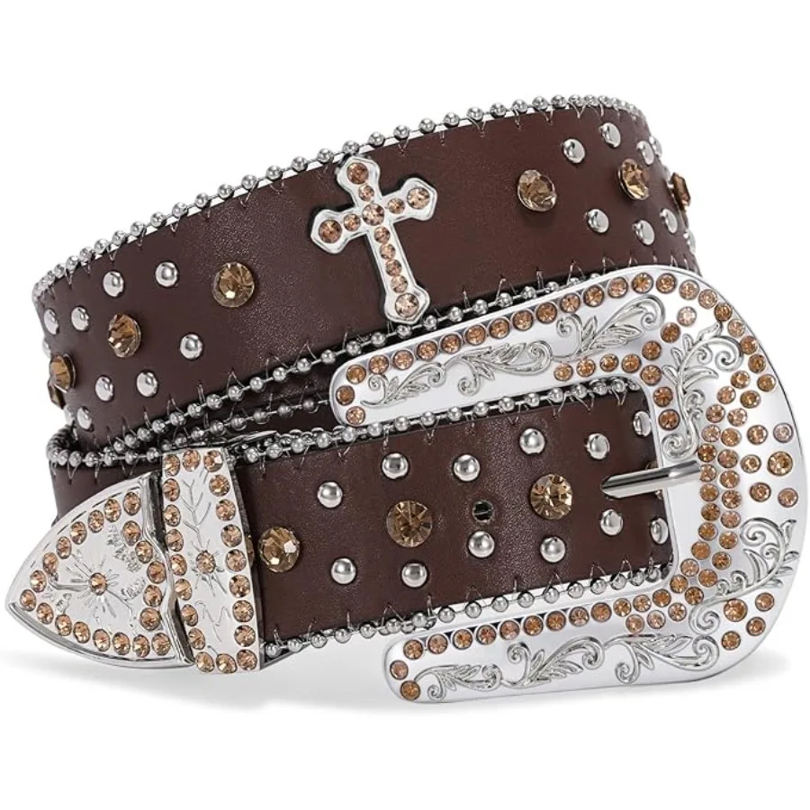

Sparkly Rhinestone Diamond Sequin Studded Belt for Men & Women - Western Cowgirl Cowboy Style, Suit pant size 28"-32", D-coffee (Cross)