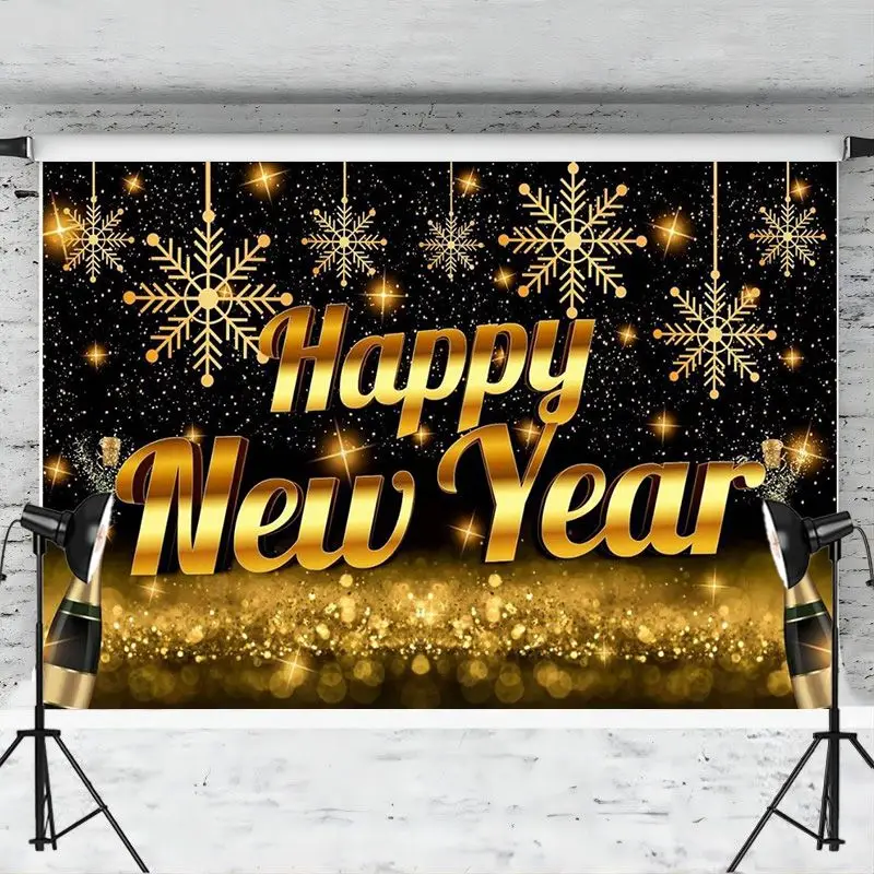 Happy New Year Backdrop Banner Black and Gold Champagne Boken Background for Photography Supplie Party Decoration Indoor Outdoor