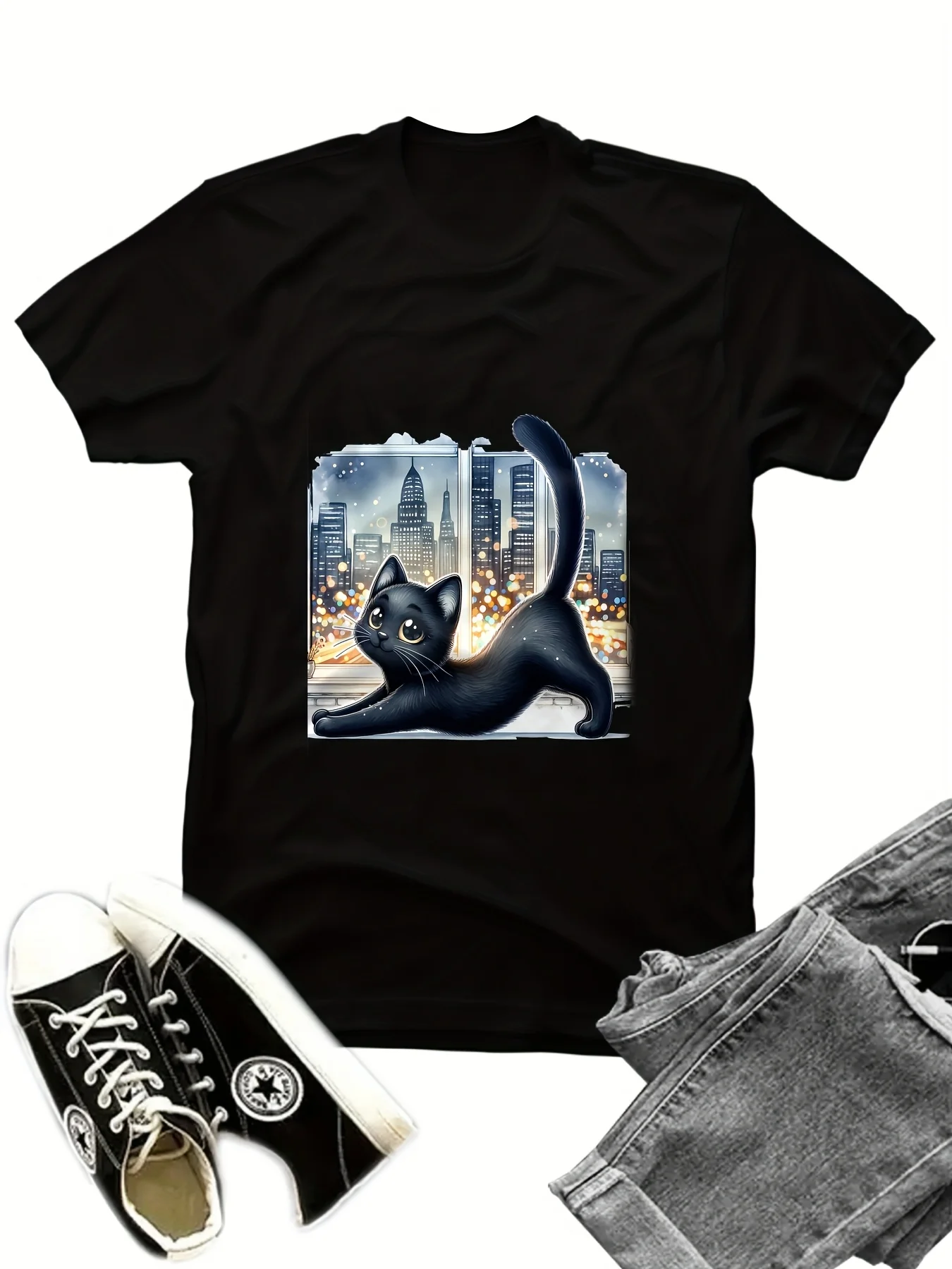 

Humorous Cat Yoga Fashion Black T-Shirt Short-Sleeved Graphic Print T-Shirt Breathable Cotton Comfortable and Sweat-Absorbent Round-Neck T-Shirt Suitable for Outdoor Wear Soft Casual T-Shirt Suitable for All Seasons