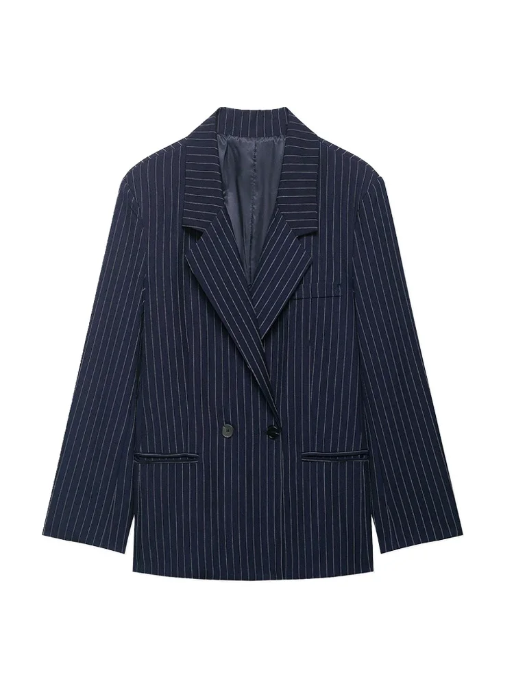 Casaco blazer listrado grande estilo dinheiro antigo feminino manga comprida bolsos frontais chique oversize top feminino outerwear