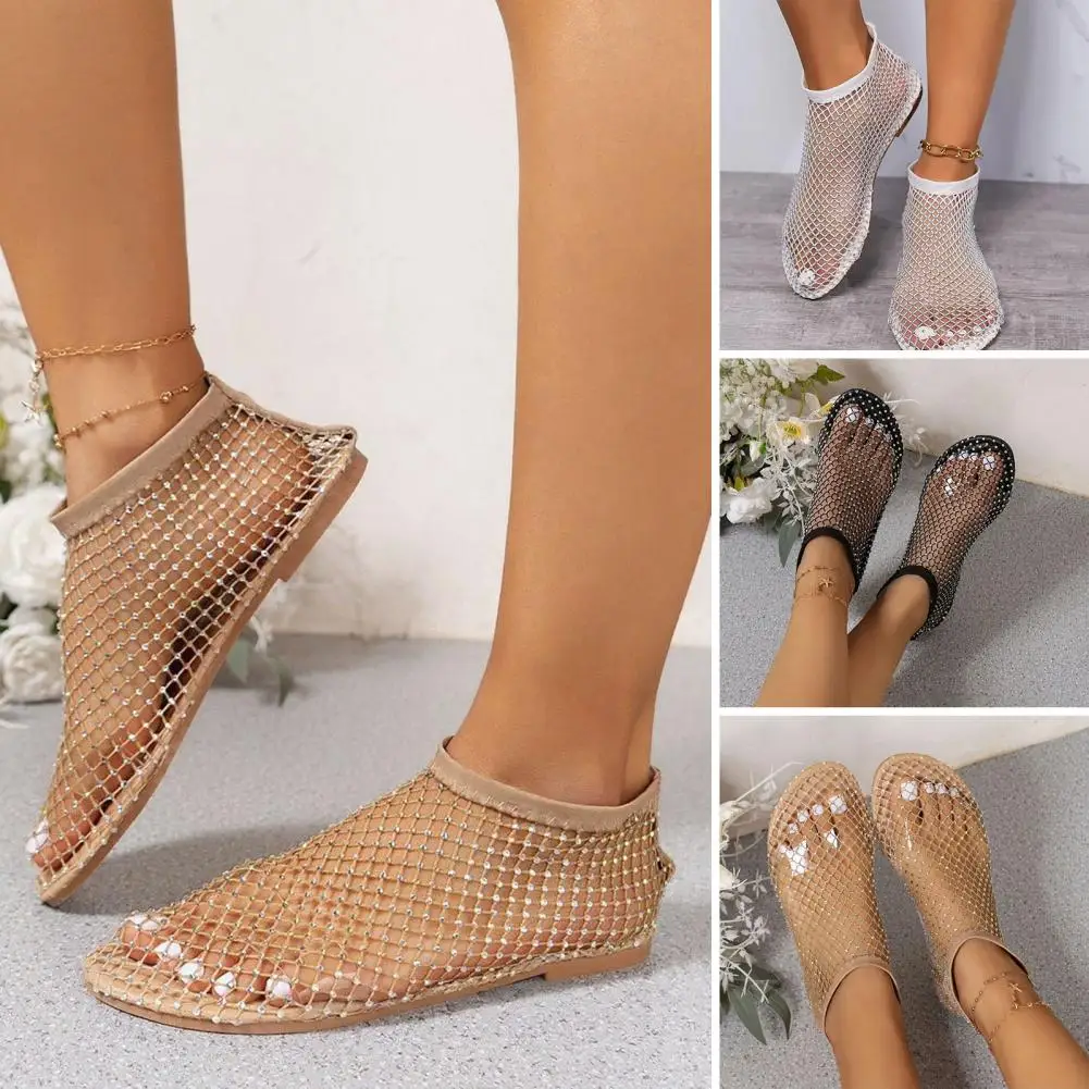 Women Lightweight Ballet Flats Breathable Fishnet Sandals Sparkly Rhinestone Low Heel Slip on Shoes for Street Beach Party
