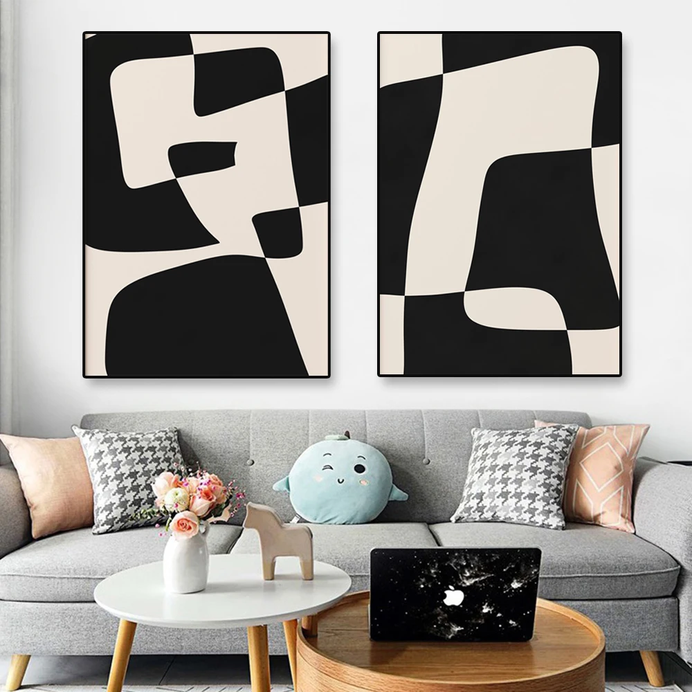 Abstract Black White Wall Art Gallery Poster Neutral Geometric Beige Prints Modern Aesthetic Minimalist Room Canvas Painting