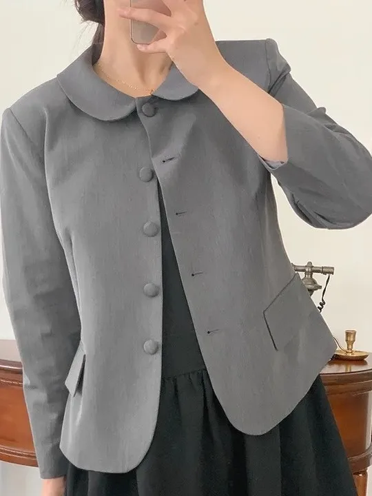 

Retro Doll Collar Single Button Long Sve Suit Jaet Women's Chic Faion Design Sense Top Korean Sle Commute