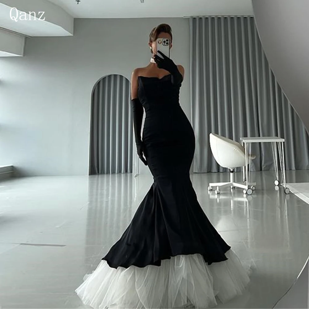 

Qanz Abendkleider Dubai Prom Dress Mermaid Satin Black And White Strapless Long Backless Vestidos De Gala 2023 Wedding Party Dre